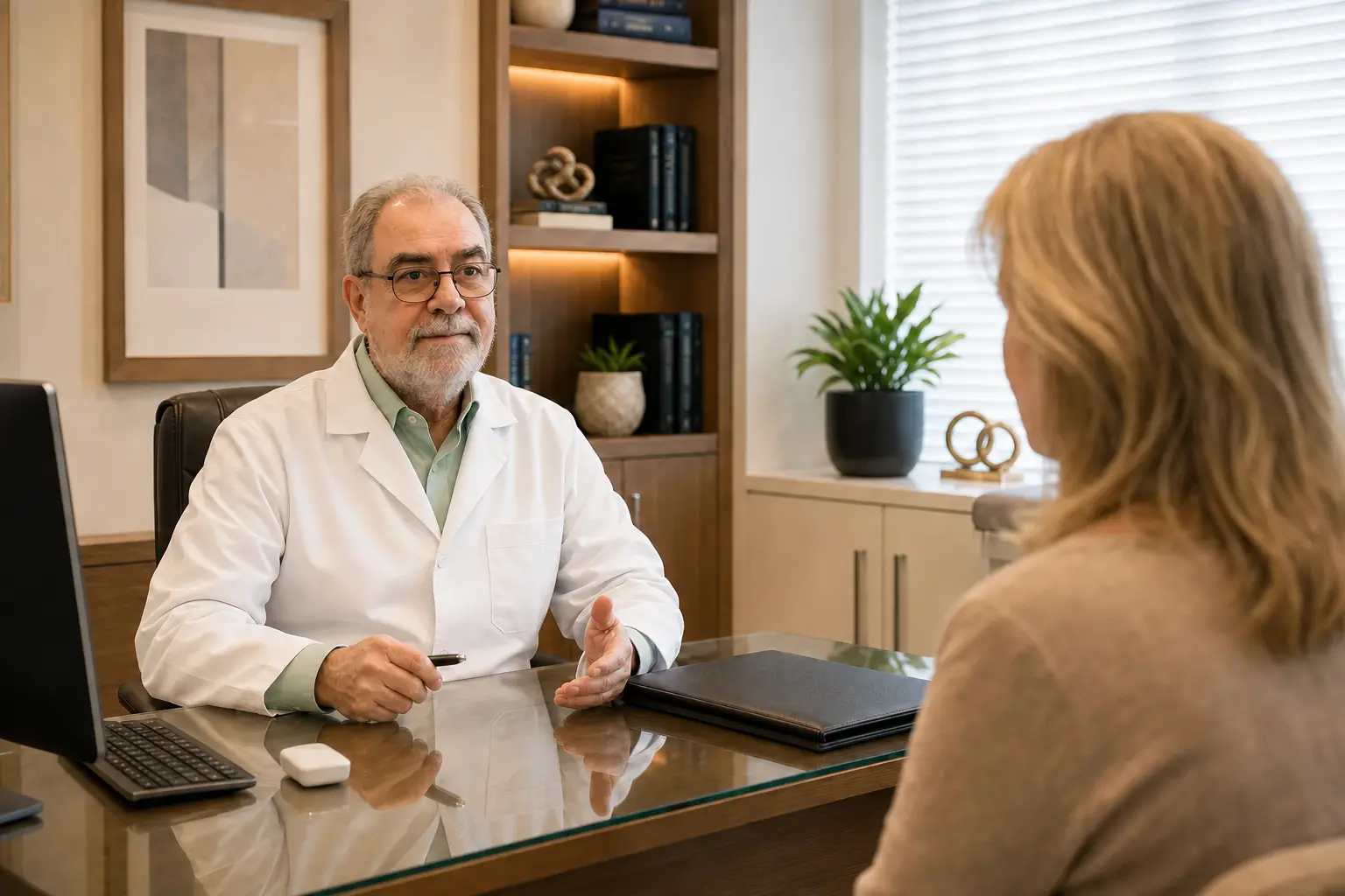 Dr. Paulo Palma conversando com uma paciente adulta durante uma consulta