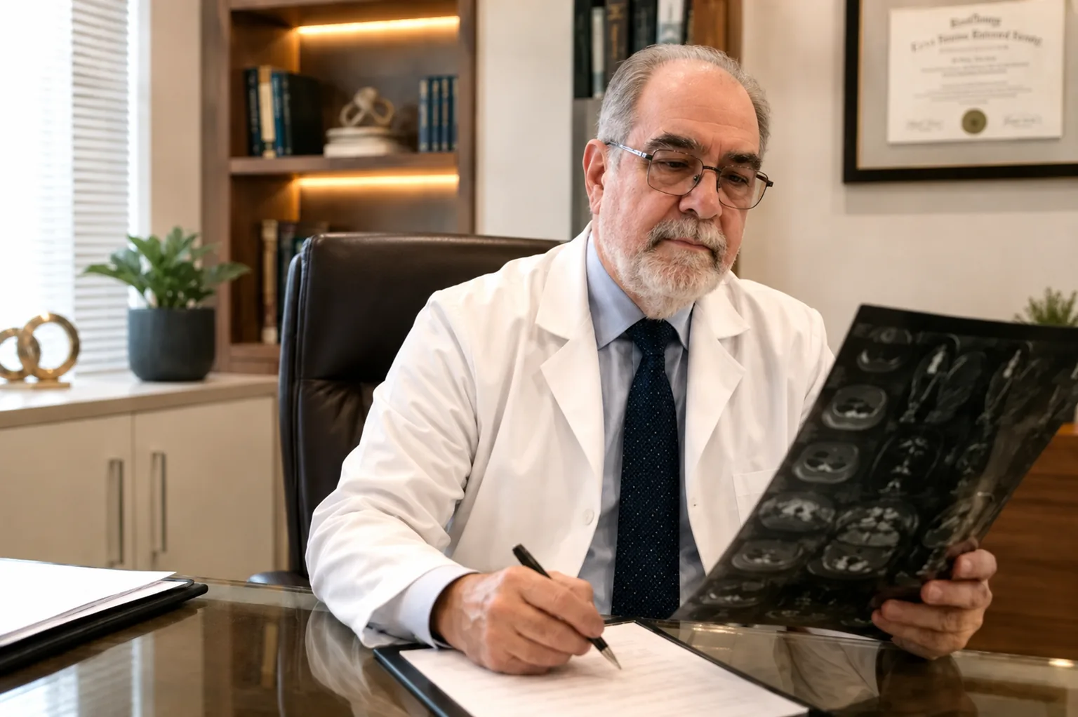 Dr. Paulo Palma em seu consultório analisando um exame de imagem